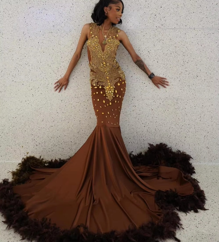 Chocolate Brown Fearhers Gold Rhinestones Prom Dresses For Blackgirls New In Formal Occasion Dress African Wedding Gowns