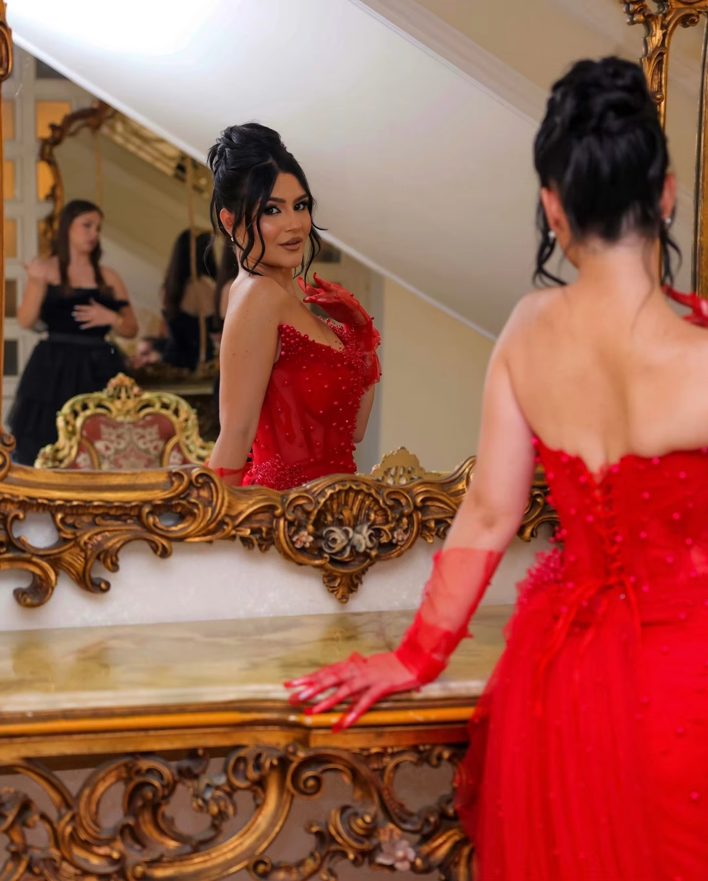Red Pearls Asymmetrical Split Long Evening Dresses Sexy Strapless Evening Gowns Bridal Party Dress