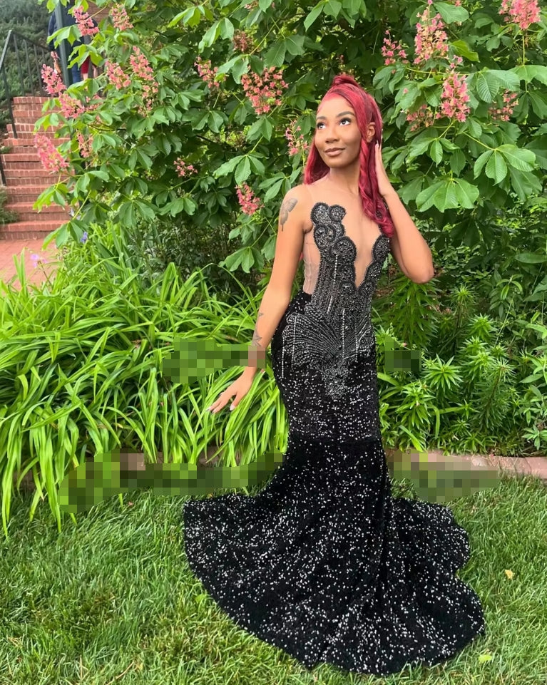 Luxury 2024 Black Diamonds Prom Dresses Sparkly Beads Rhinestones For Black Girls Prom Gala Wedding Gowns Evening Gown
