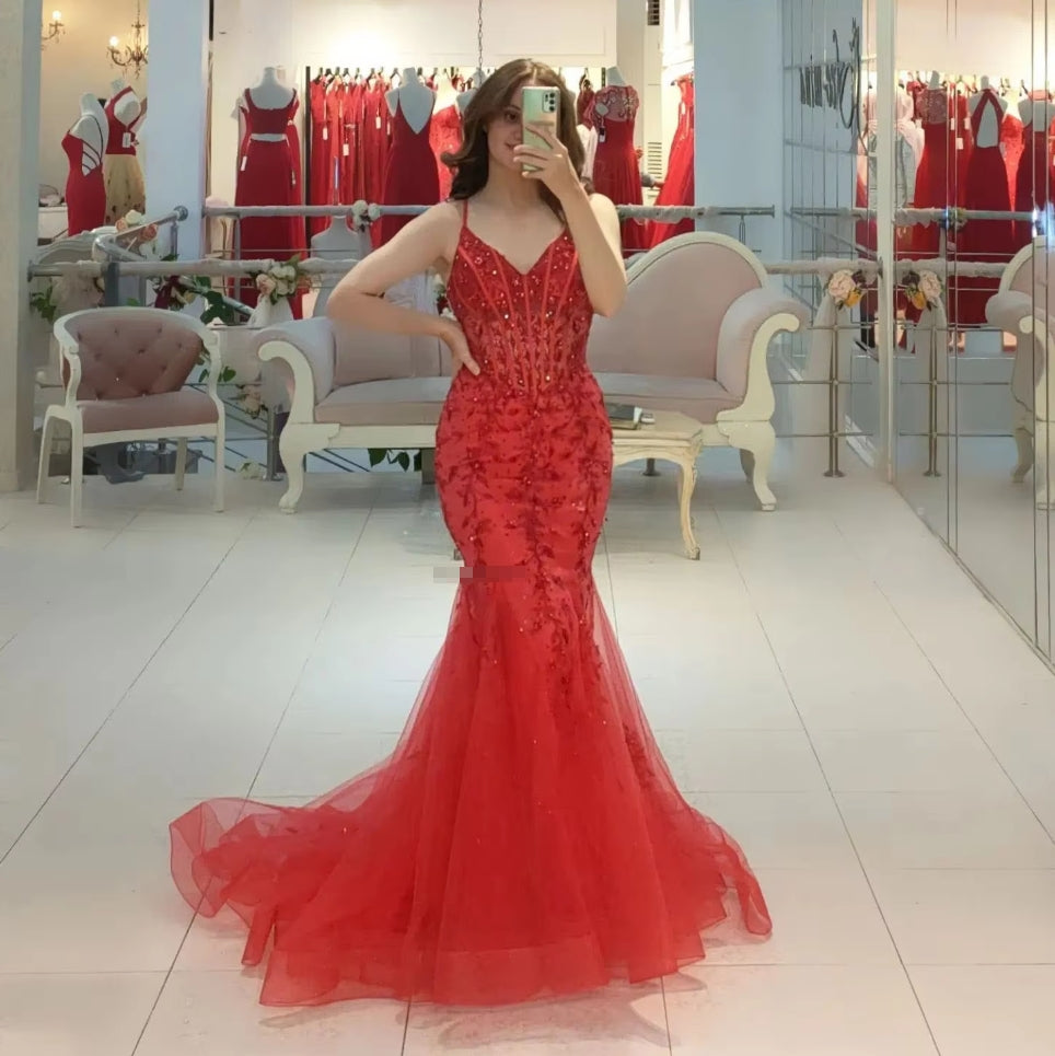 Sexy V-neck Beaded Sequined Mermaid Evening Dresses Two Straps vestido de noite lado fenda miçangas arábia