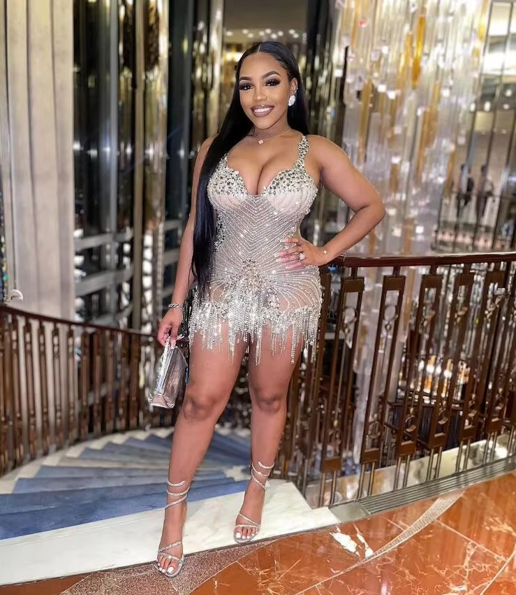 Silver Diamond Mini Cocktail Evening Dresses for Women 2024 Sparkly Luxury Crystal Tassel Black Girl Birthday Gala Prom Gown