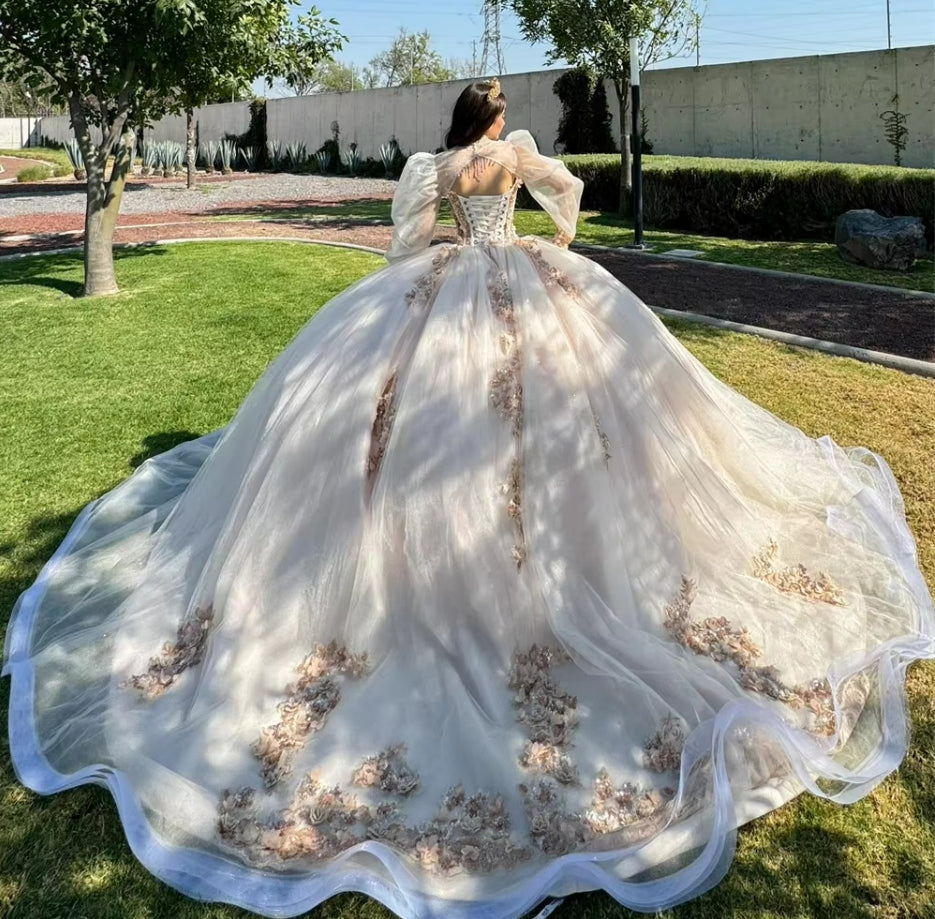 Light Champagne Beaded 3D Flowers Lace Appliques Quincenara Dresses Detachable Puff Long Sleeves 2024 Birthday Luxury Dress