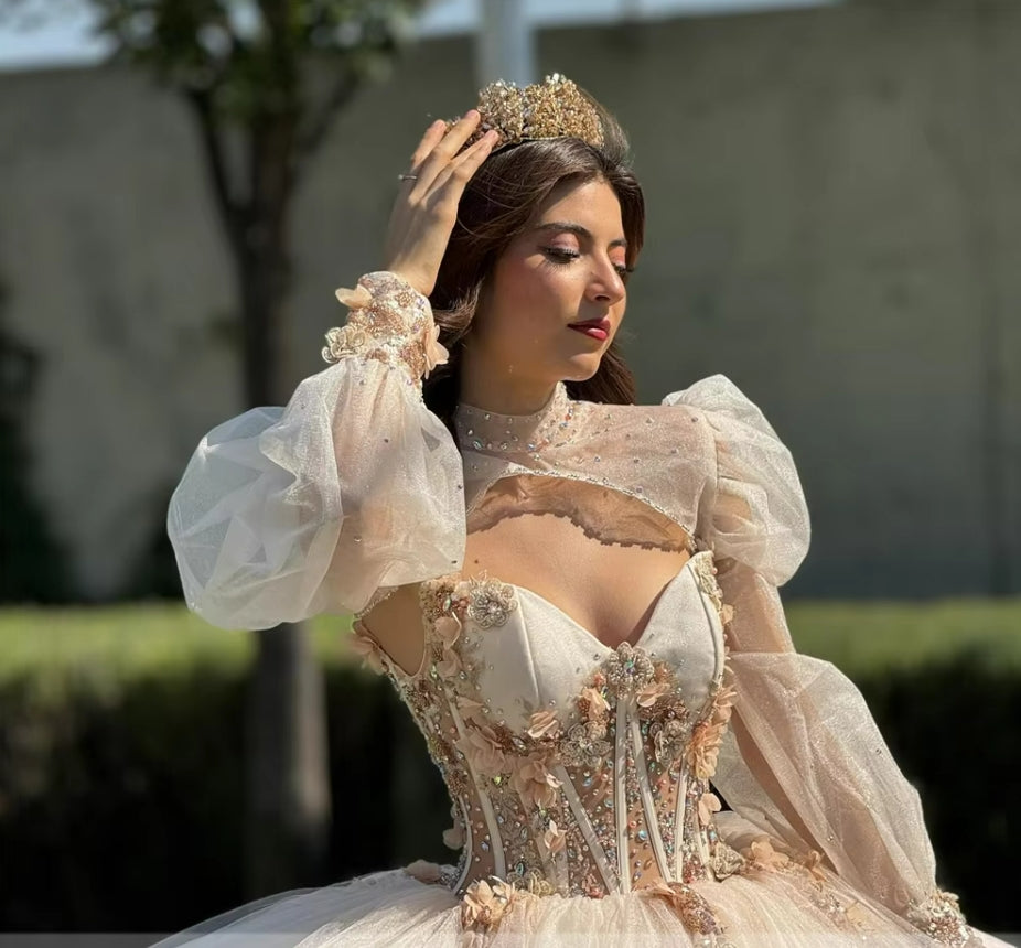 Light Champagne Beaded 3D Flowers Lace Appliques Quincenara Dresses Detachable Puff Long Sleeves 2024 Birthday Luxury Dress