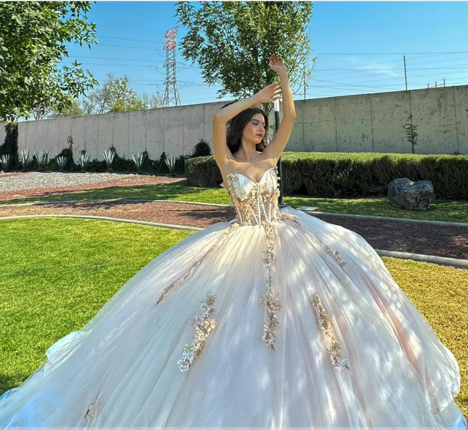 Light Champagne Beaded 3D Flowers Lace Appliques Quincenara Dresses Detachable Puff Long Sleeves 2024 Birthday Luxury Dress