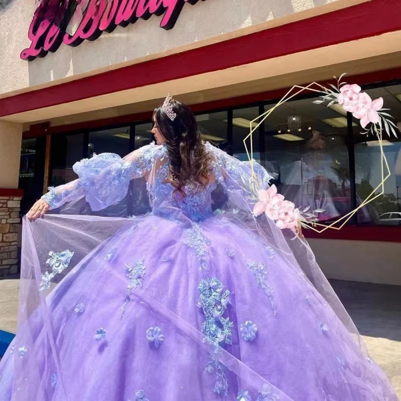 Light Purple Quinceanera Dresses With Cape Ball Gown Birthday Party Dress Sweet 16 Dress Lace Up Tulle vestido de 15