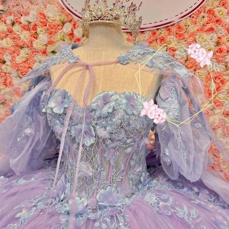 Light Purple Quinceanera Dresses With Cape Ball Gown Birthday Party Dress Sweet 16 Dress Lace Up Tulle vestido de 15