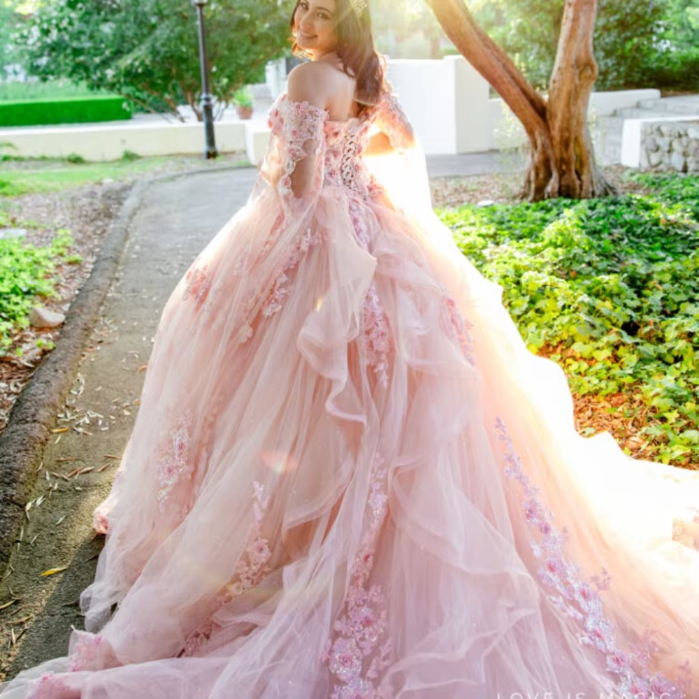 Pink Quinceanera Dress Ball Gown 3D Flower Applique Beads With Cape Sheer Corset Sweet 16 Dress Vestidos XV Años