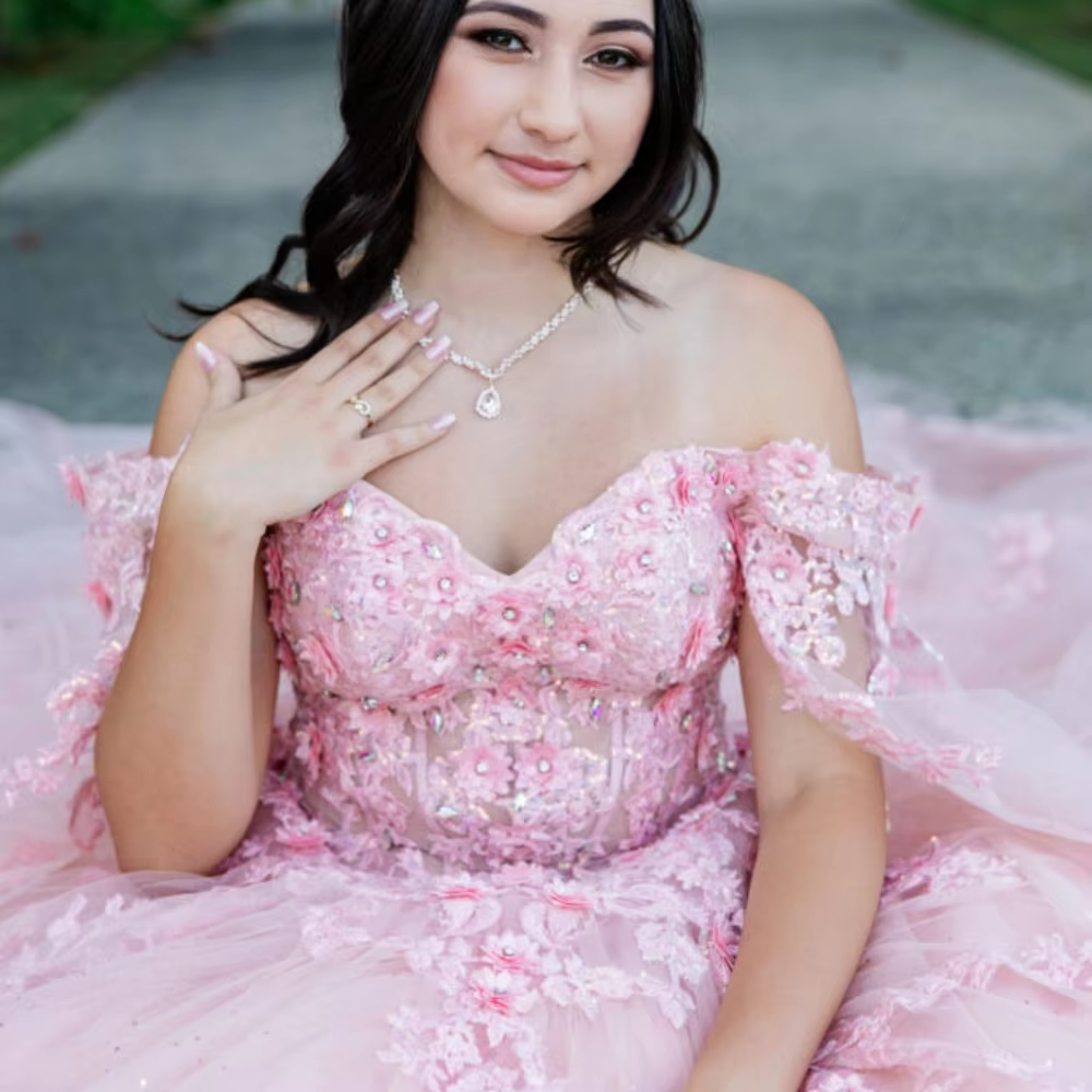 Pink Quinceanera Dress Ball Gown 3D Flower Applique Beads With Cape Sheer Corset Sweet 16 Dress Vestidos XV Años