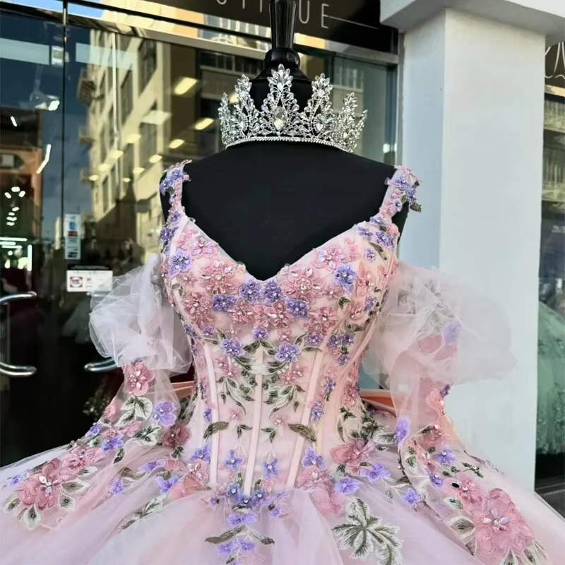 Pink Quinceanera Dresses for 16 Year 2024 Ball Gown Sexy V Neck Off the Shoulder Puff Sleeve Party Dress for Girl Vestidos De 15