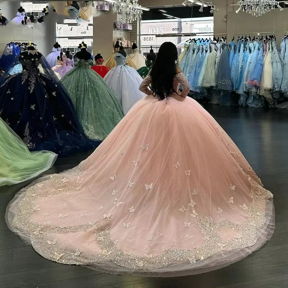Glittering Pink Quinceanera Dresses Off-Shoulder Long Sleeves Butterfly Appliques Princess Birthday Party Vestidos