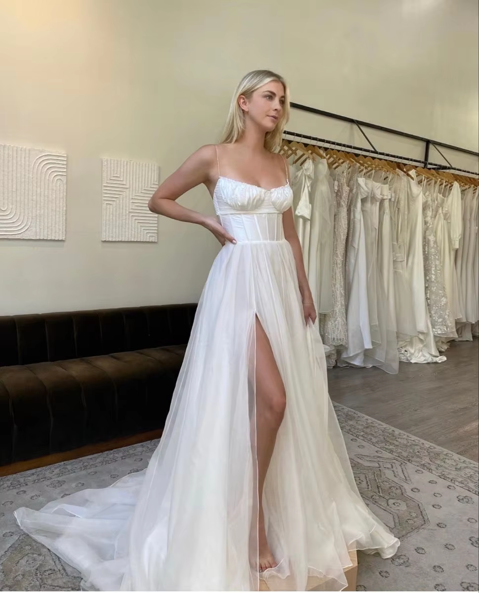 A Line Organza Wedding Dresses For Bride Spaghetti Straps Bones Formal Party Dress Wedding Bridal Gowns robe de mariée