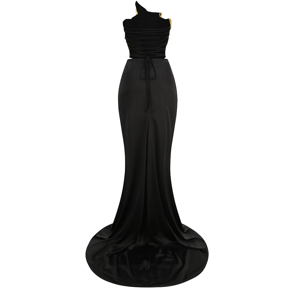 New Arrival Women Gold Color Sexy Laced-up Tops 2 Pieces Bodycon Floor-Length Dress Celebrate Evening Party Prom Dress