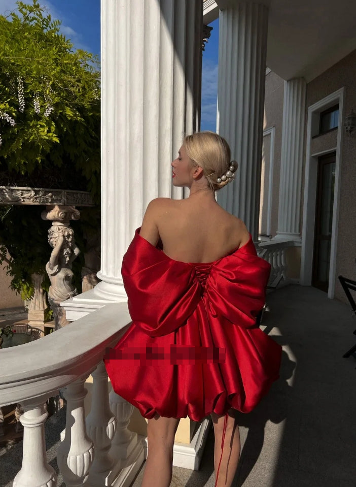 Popular Wine Red Off The Shulder Short Mini Prom Dresses V-neck Lace Puff Sleeves Formal Party Grown Evening Cocktail Wear