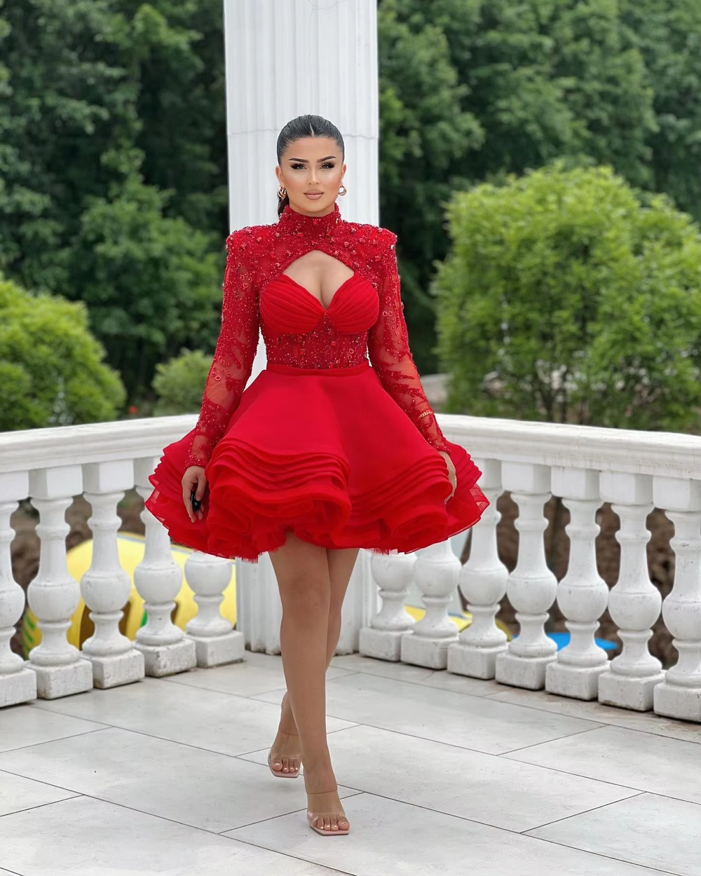 Red High Neck Full Sleeves Beaded Applique Short Tiered Ruffles Prom Dresses Custom Made Girl Wear