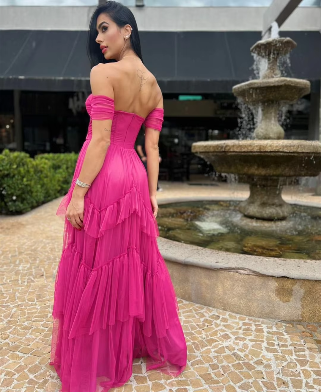 Customized Vintage Long Off Shoulder Fuchsia Tulle Evening Dresses A-Line Pleated Floor Length Prom Formal Party Dress for Women