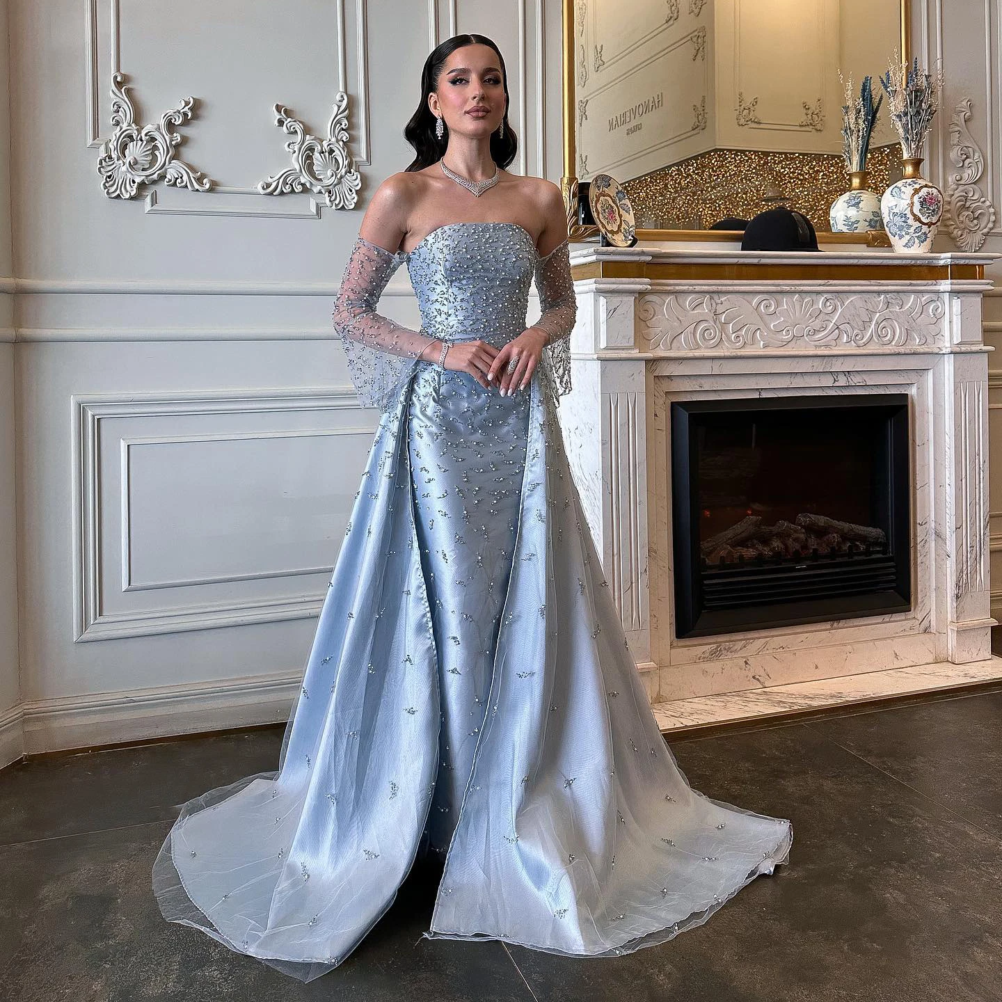 Said Arabic Silver Gray Luxury Dubai Evening Dresses with Overskirt Sleeves Woman Wedding Party Prom Formal Gowns