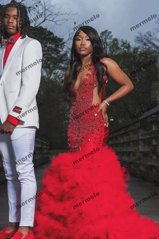 Red Trumpet Evening Birthday Gala Dresses Diamond Crystal
