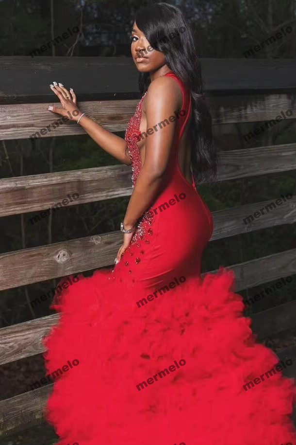Red Trumpet Evening Birthday Gala Dresses Diamond Crystal