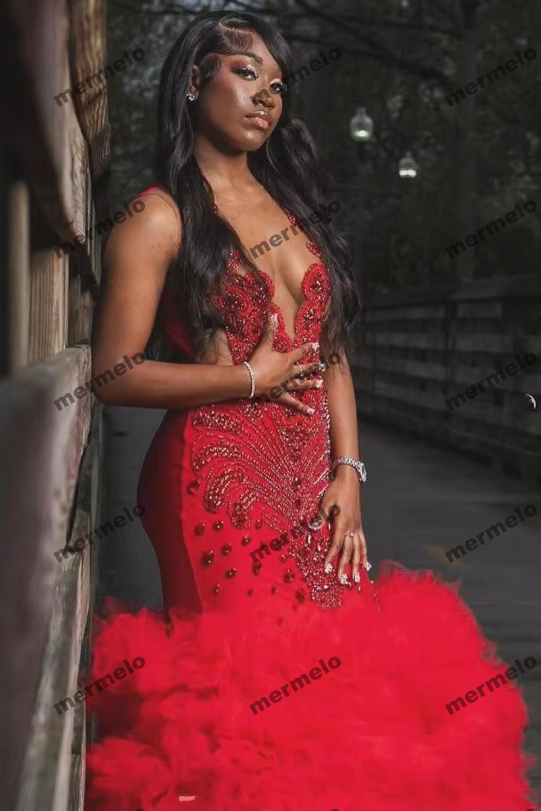 Red Trumpet Evening Birthday Gala Dresses Diamond Crystal