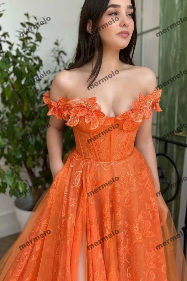 Lace Prom Dresses Long Floor Length Off Shoulder V Neckline Front Slit Women Evening Gowns Women Special Occasion Dresses