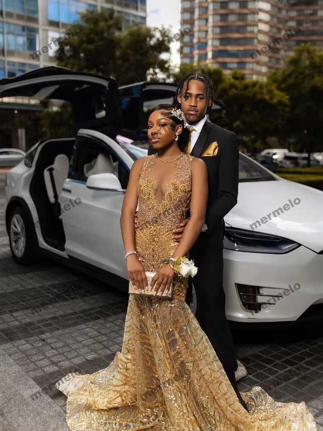 Sparkly Gold Long Mermaid Prom Occasion Dresses For Black Girl Luxury Crystal Gillter Tassel Evening Gown Birthday Gala