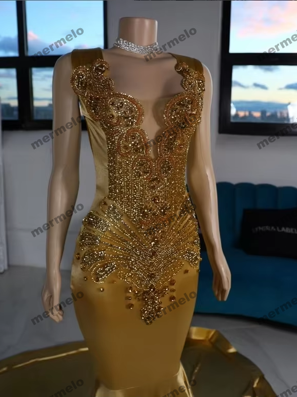 Gold Satin Mermaid Prom Dress For Women Glitter Diamante Applique Skinny