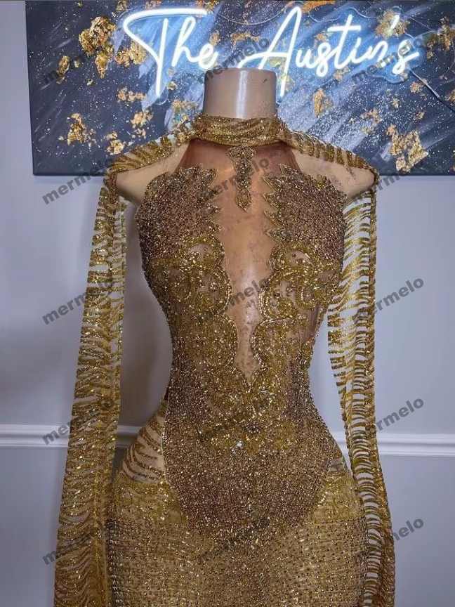 Gold Mermaid Prom Awards Show Dress with Cape Cloak Crystal Beaded Sequins Glitter Mesh Red Carpet Gown For Women