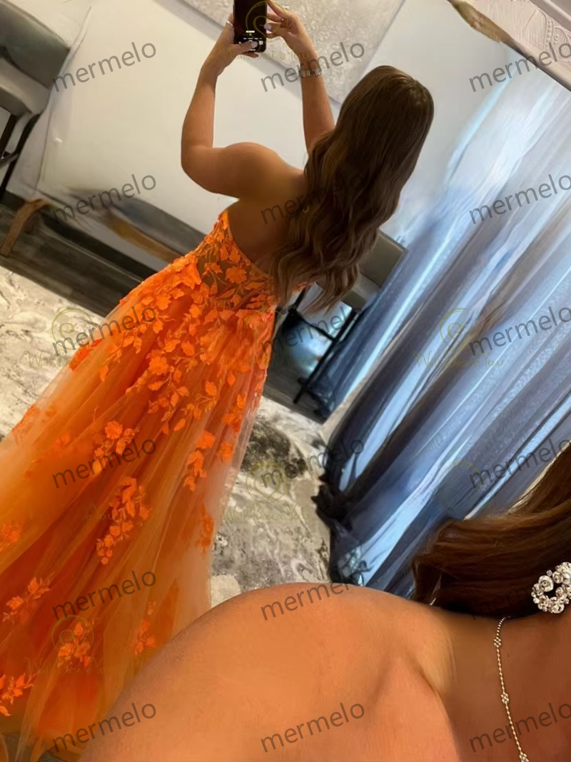 Orange Lace Appliques Prom Dresses Illusion Sweetheart Strapless Tulle A Line Sweep Train