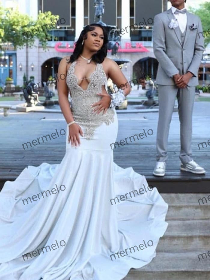 Diamond Silver Prom Dress For Black Girls Sequin Mermaid Party Gala Gowns