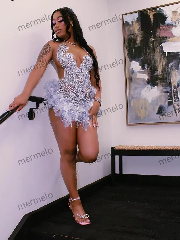 Silver Diamonds Short Prom Dress Glitter Crystals Beads Feathers