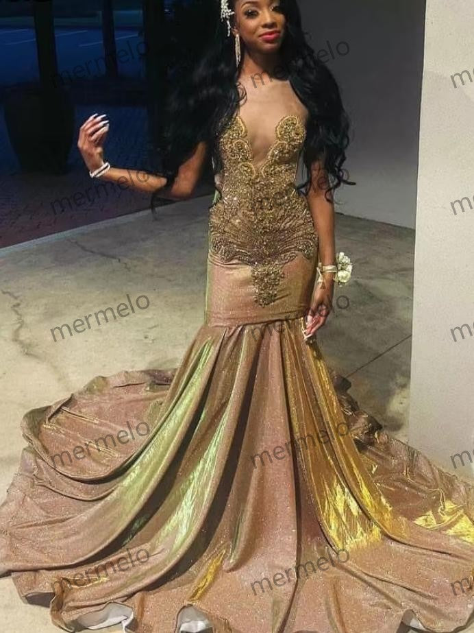 Shiny Gold Sequins Mermaid Prom Dress Beaded Rhinestone For Black Girls