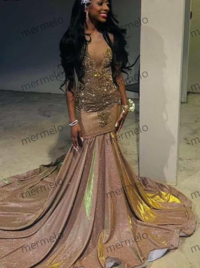 Shiny Gold Sequins Mermaid Prom Dress Beaded Rhinestone For Black Girls