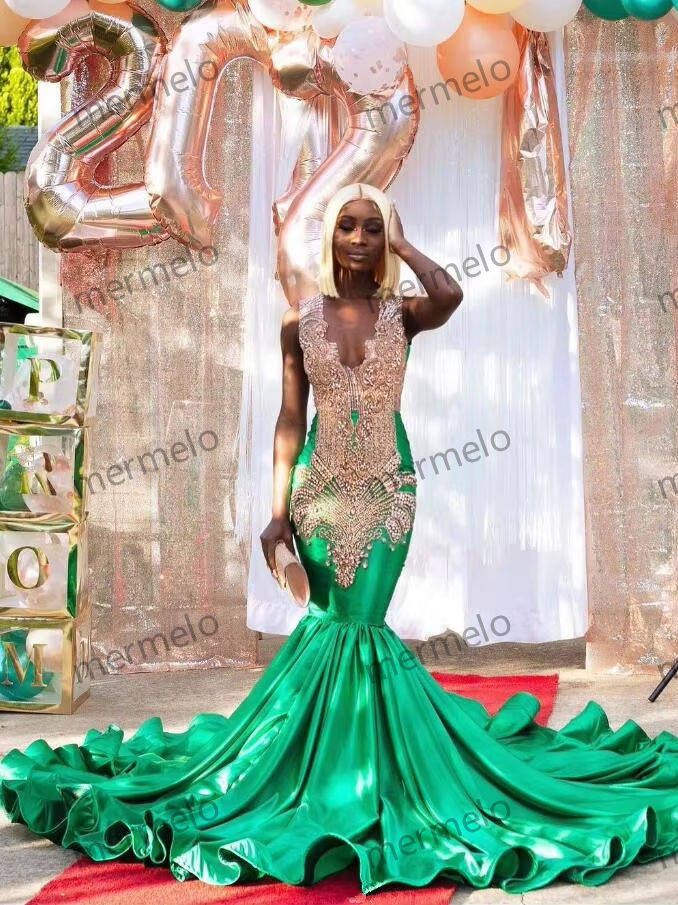 Green Luxury Diamond Trumpet Evening Formal Dress for Women