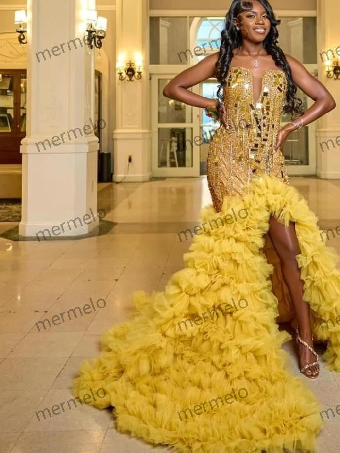 Gold Diamonds Mermaid Ruffles High Slit Prom Dress For Black Girls