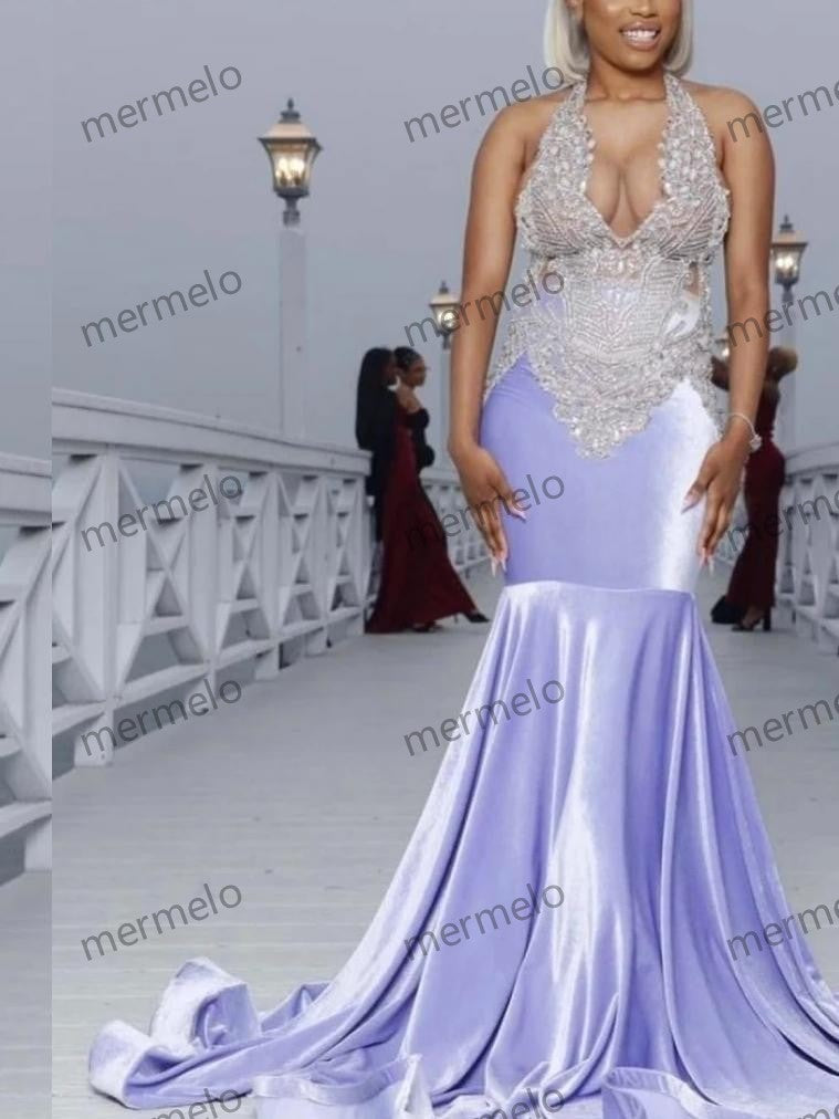 Sparkly Lavender Velvet Mermaid Prom Dress For Black Girls Silver