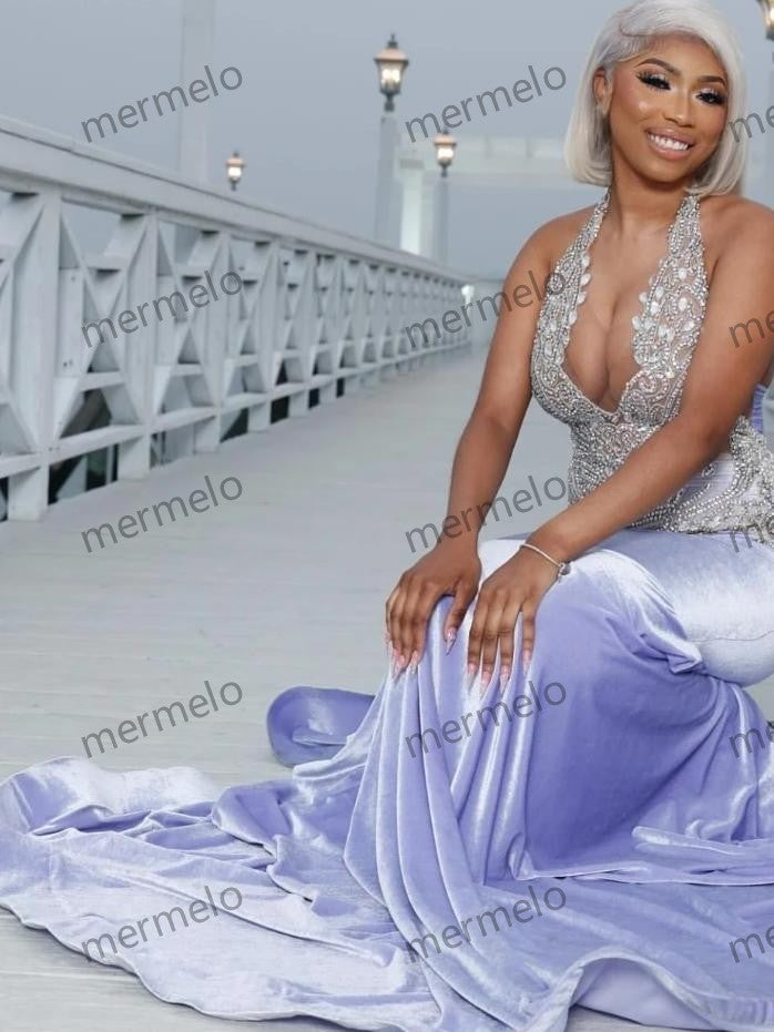 Sparkly Lavender Velvet Mermaid Prom Dress For Black Girls Silver