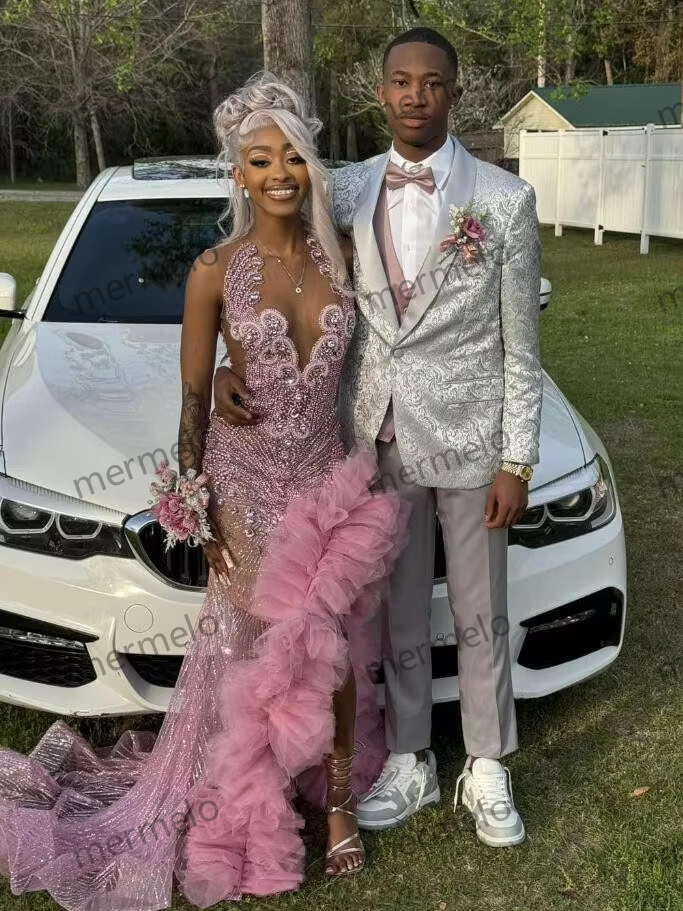 Pink Sparkly Long Trumpet Evening Birthday Dresses For Black Girl