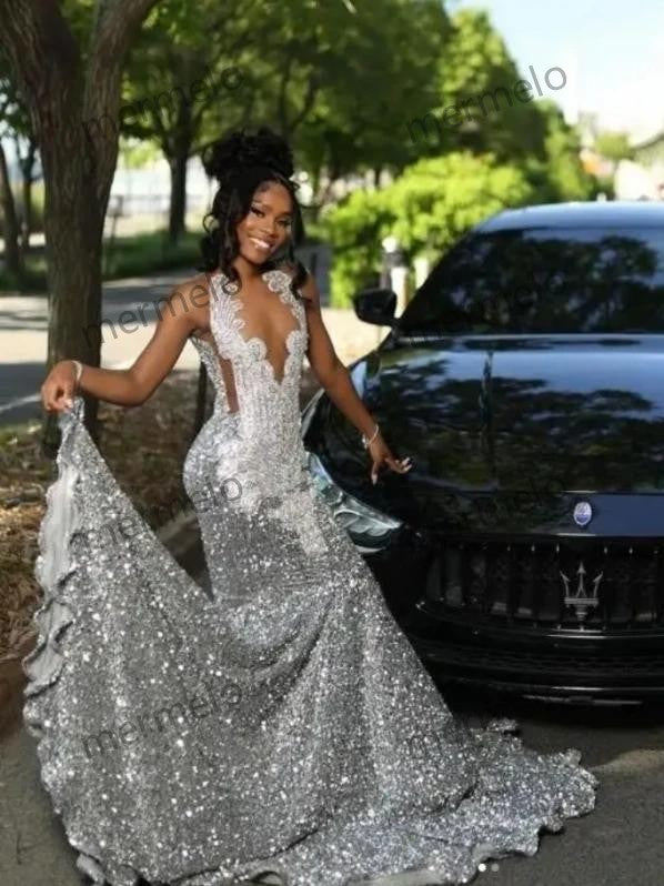 Sexy Diamond Silver Mermaid Prom Formal Dress Black Girl Sparkly