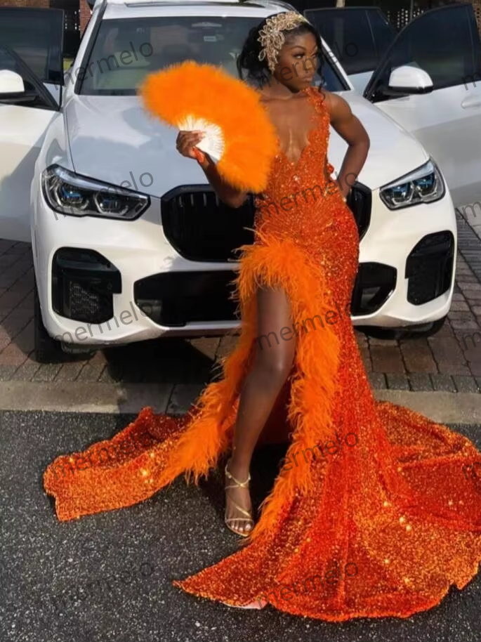 Orange Sparkly African Evening Reception Dresses