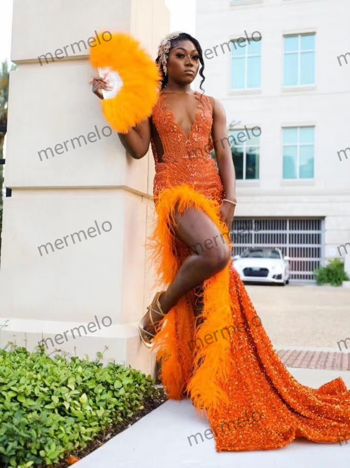 Orange Sparkly African Evening Reception Dresses