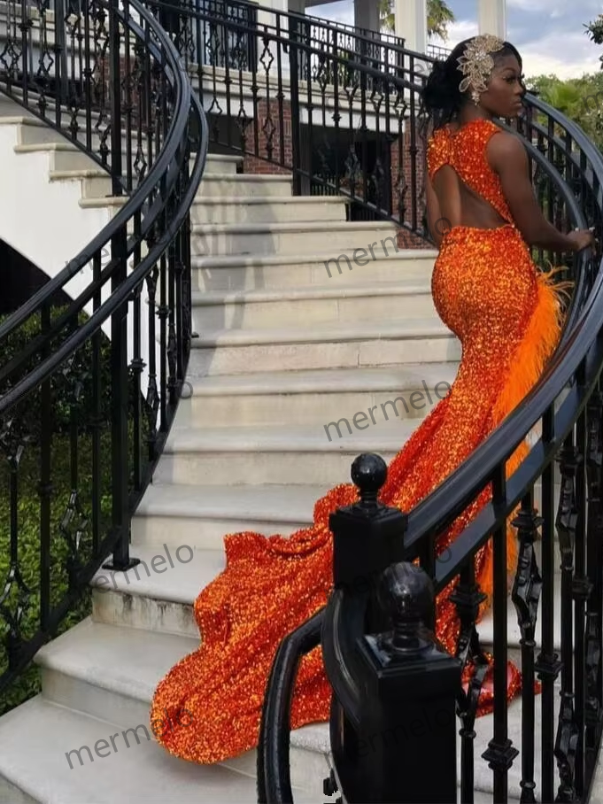 Orange Sparkly African Evening Reception Dresses
