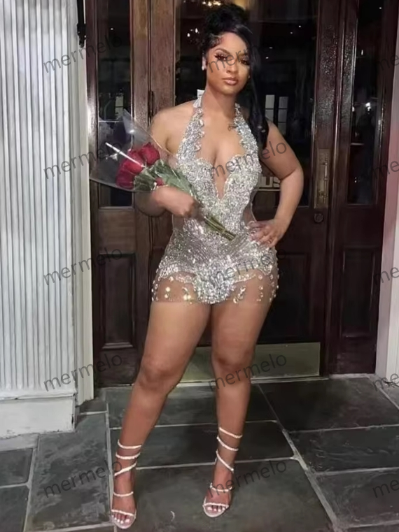 Sexy Silver Bead Crystal Prom Dresses Short Halter Rhinestone