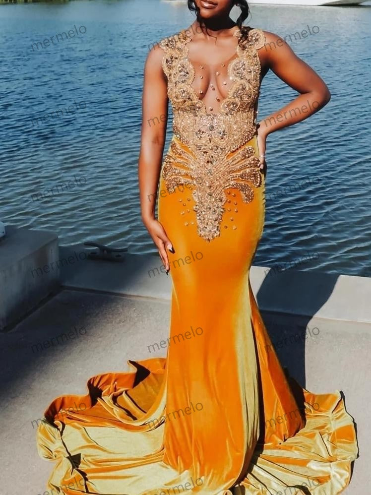 Customized Orange Velvet Diamonds Prom Dress For Black Girls Gold Crystal Rhinestone Beaded Party Gala Gowns