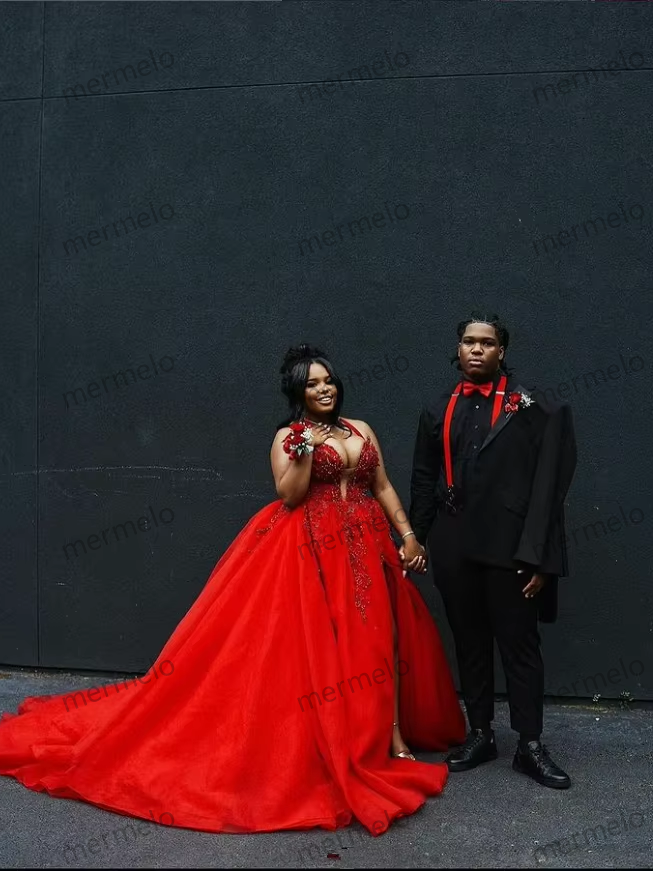 Red Sparking Prom Dress for Black Girl Sexy V-neck Luxury Diamond Crystal Puffy Skirt African Evening Ceremony Dress customsize