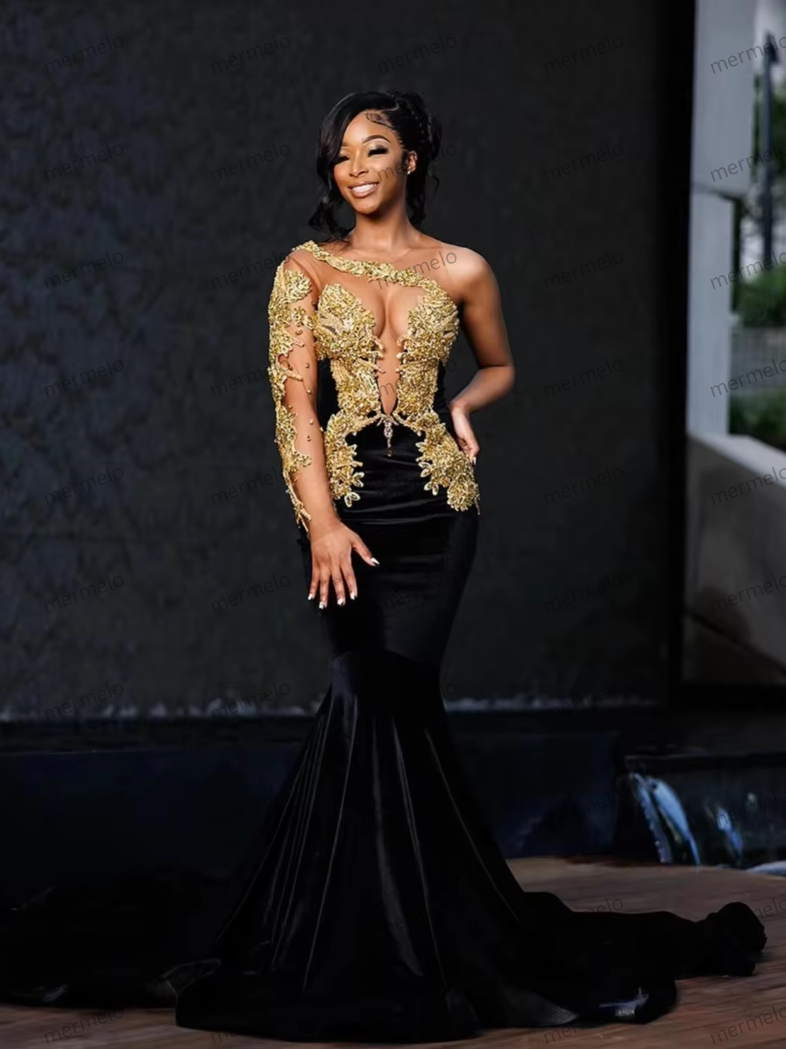 New Luxury Black Velour Mermaid Women Prom Dress Beading Gold Crystal Rhinestone Birthday Dress One Shoulder Evening Gown
