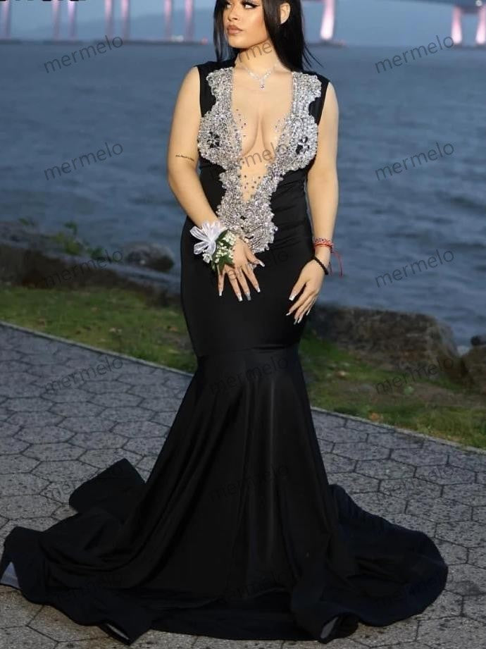 Black Velvet Mermaid Prom Dress For Black Girls Silver Crystal Beaded Formal Party Gala Gown