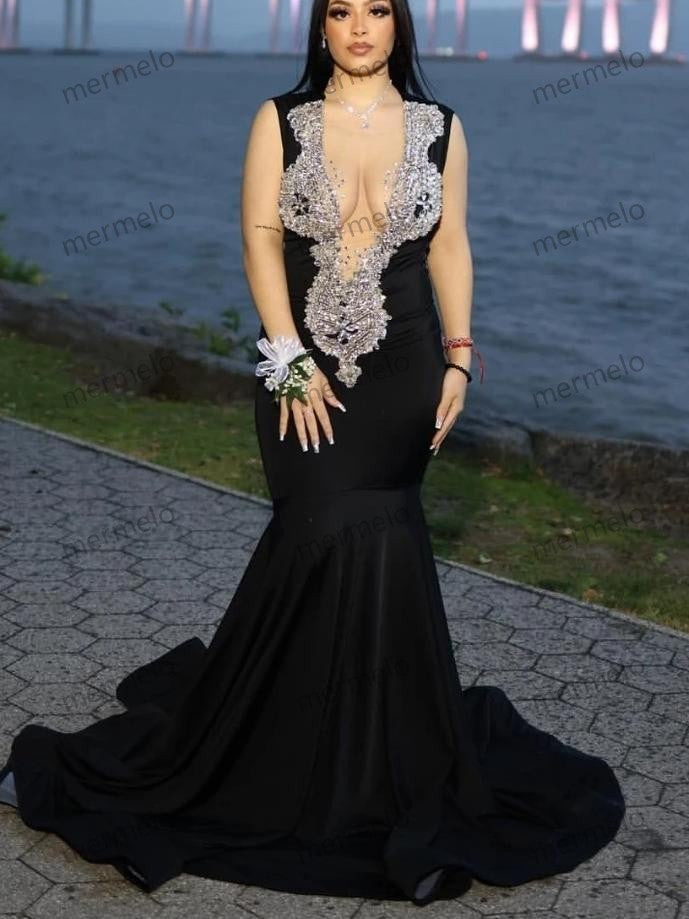 Black Velvet Mermaid Prom Dress For Black Girls Silver Crystal Beaded Formal Party Gala Gown