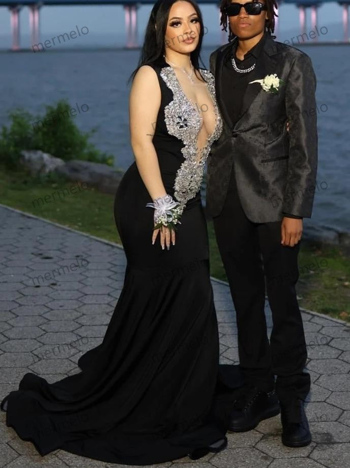 Black Velvet Mermaid Prom Dress For Black Girls Silver Crystal Beaded Formal Party Gala Gown