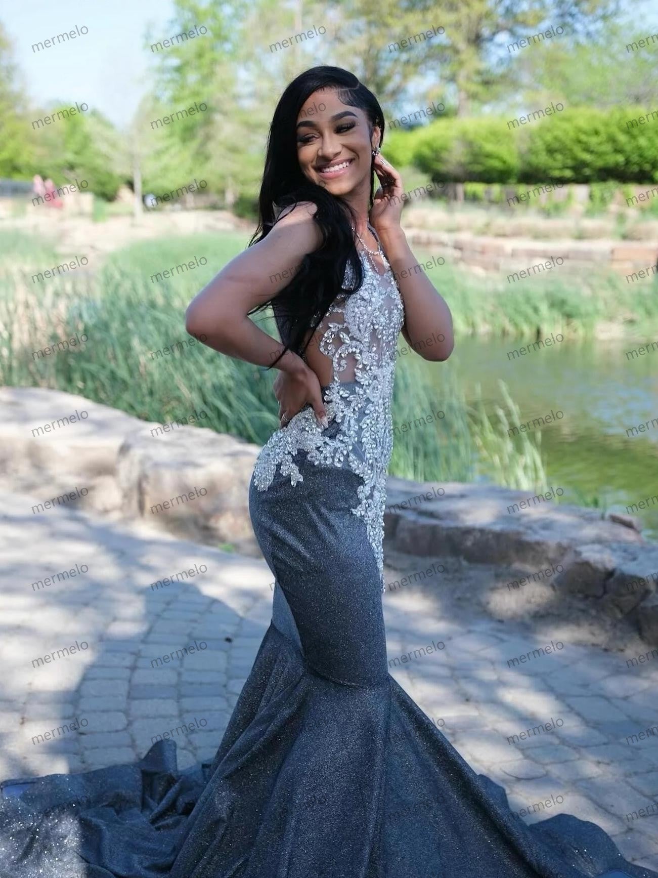 Silver Crystal Beading Long Prom Dress For Black Girls Mermaid For Special Occasions Sexy Party Gowns