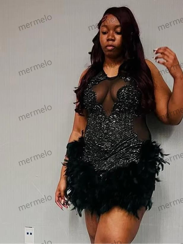 Black Feathers Luxury Rhinestone Blackgirl Prom Dresses Fitted Birthday Party Dresses
